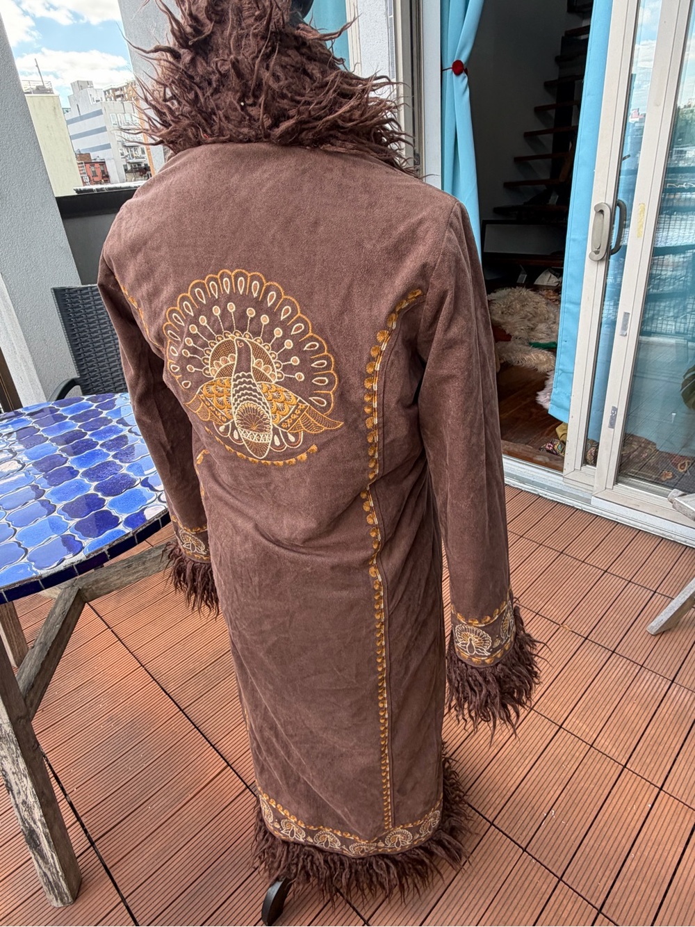 Spell Brown Suede Long Coat with Gold Embroidered Peacock and Feather Trim